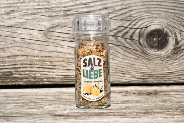 Salz und Liebe -Orange - Perusalbei - Salz -Mühle mit Keramikmahlwerk