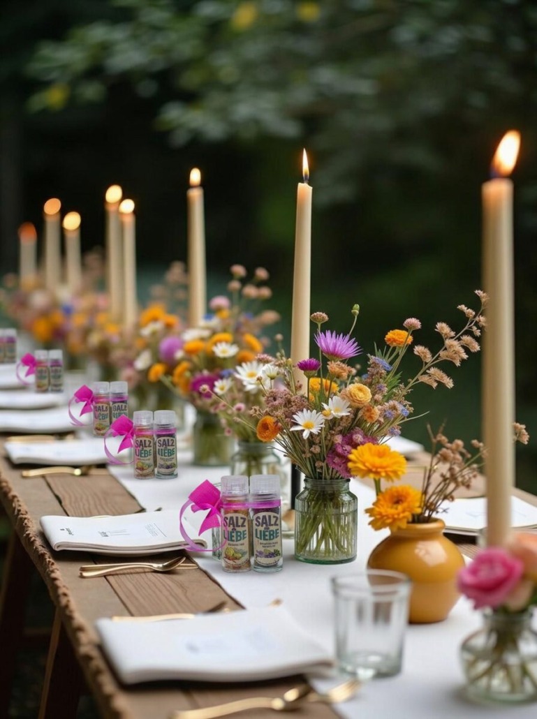 bunte hochzeitstafel mit wildblumen, kerzen und salz&liebe